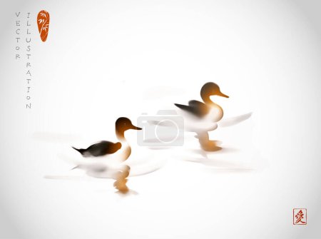 Illustration for Ink painting with a pair of ducks gliding gracefully across serene waters. Traditional oriental ink painting sumi-e, u-sin, go-hua in simple minimalist style. Hieroglyph - love. - Royalty Free Image