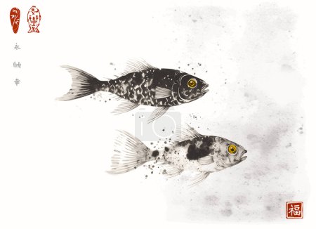 Ilustración de Ilustración de lavado de tinta Sumi-e con dos peces koi con ojos dorados, presentados en monocromo sobre un fondo blanco, evocando una atmósfera serena y equilibrada. Traducción de jeroglíficos - bienestar. - Imagen libre de derechos
