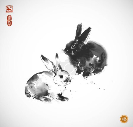 Illustration for Ink painting of two rabbits. Traditional oriental ink painting sumi-e, u-sin, go-hua. Translation of hieroglyphs - well-being, rabbit. - Royalty Free Image