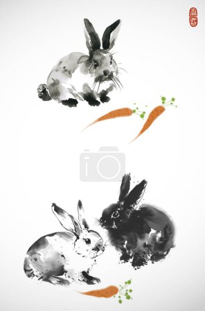 Ink painting of three rabbits with a vibrant orange carrots. Traditional oriental ink painting sumi-e, u-sin, go-hua. Hieroglyph - blessing.