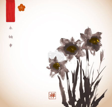 Daffodils painted with expressive brush strokes. Traditional oriental ink painting sumi-e, u-sin, go-hua.Hieroglyphs - eternity, freedom, happiness, zen.
