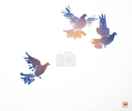 Illustration for Three blue pigeons in the traditional Japanese sumi-e ink wash style on white background, conveying movement and grace. Translation of hieroglyph - zen. - Royalty Free Image