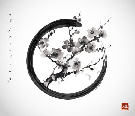 Illustration for Ink painting of monochrome sakura branch in black enso zen circle. Traditional Japanese ink wash painting sumi-e. Translation of hieroglyph - zen. - Royalty Free Image