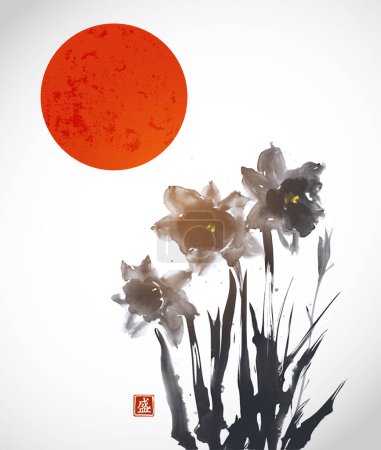Daffodils painted with expressive brush strokes and big red sun. Traditional oriental ink painting sumi-e, u-sin, go-hua.Translation of hieroglyph - bloom.