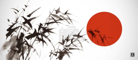 Illustration for Classic sumi-e ink painting of bamboo and big red sun on white background. Traditional oriental ink painting sumi-e, u-sin, go-hua. Hierolyph - beauty. - Royalty Free Image