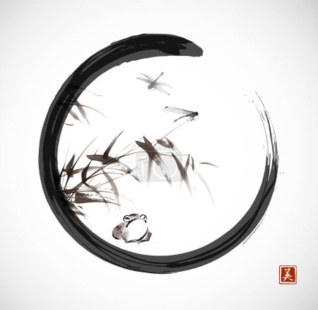 Illustration for Ink wash painting of bamboo, little angry frog and dragonflies in black enso zen circle. Traditional oriental ink painting sumi-e, u-sin, go-hua. Translation of hieroglyph - beauty. - Royalty Free Image