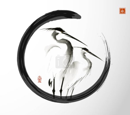 Simple minimalist ink wash painting of of two herons in black enso zen circle. Traditional oriental ink painting sumi-e, u-sin, go-hua. Translation of hieroglyph - eternity.