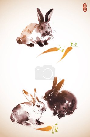 Ink painting of bunnies and carrots in vintage style. Traditional oriental ink painting sumi-e, u-sin, go-hua. Translation of hieroglyph - blessing.