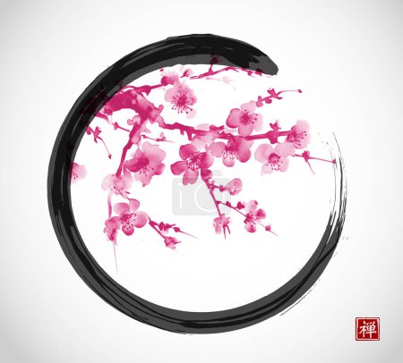 Ink painting of delicate pink sakura branch in black enso zen circle. Traditional Japanese ink wash painting sumi-e. Translation of hieroglyph - zen.