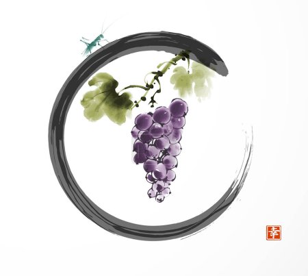 Illustration for Ink painting of grapes in purple tones in black enso zen circle and small grasshopper. Traditional oriental ink painting sumi-e, u-sin, go-hua. Hieroglyph - happiness - Royalty Free Image