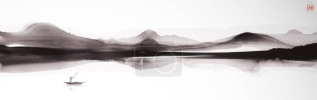Illustration for Traditional Chinese ink wash painting depicting tranquil mountains reflected in the still waters of a serene lake and fisherman in a boat. Traditional oriental ink painting sumi-e, u-sin, go-hua. Hieroglyph - zen. - Royalty Free Image