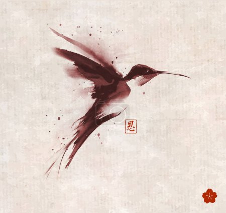 Tuschmalerei eines Kolibris im Flug auf historischem Hintergrund. Traditionelle orientalische Tuschemalerei sumi-e, u-sin, go-hua. Hieroglyphe - Gnade
