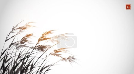 Illustration for Ink painting of grass on the wind. Traditional oriental ink painting sumi-e, u-sin, go-hua. Translation of hieroglyph - eternity. - Royalty Free Image