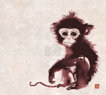 Illustration for Ink wash painting of baby monkey on vintage background. Traditional oriental ink painting sumi-e, u-sin, go-hua. Hieroglyph - good luck. - Royalty Free Image