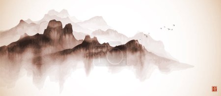 Illustration for Ink wash painting of misty mountain ranges in vintage style. Traditional oriental ink painting sumi-e, u-sin, go-hua. Hieroglyph - clarity - Royalty Free Image