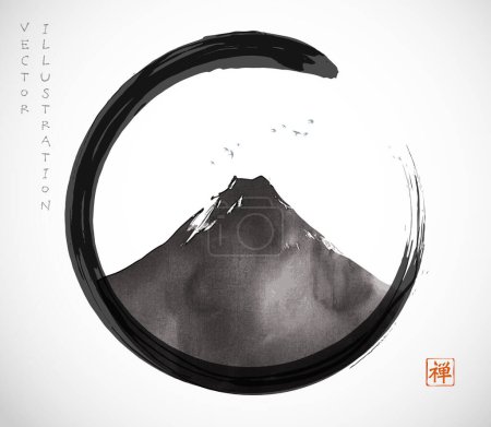 Illustration for Ink wash painting on big Fuji mountain in black enso zen circle. Traditional Japanese ink wash painting sumi-e. Hieroglyph - zen. - Royalty Free Image