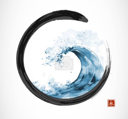 Ink wash painting of the blue wave in black enso zen circle. Traditional oriental ink painting sumi-e, u-sin, go-hua. Translation of hieroglyph - eternity.
