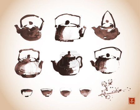 Illustration for Collection of sumi-e style ink wash paintings of teapots and cups, arranged on a white background. Traditional Japanese ink wash painting sumi-e in vintage style. Translation of hieroglyph - tea. - Royalty Free Image