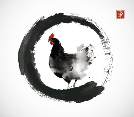 Illustration for Ink painting of chicken in black enso zen circle. Traditional oriental ink painting sumi-e, u-sin, go-hua. Translation of hieroglyph - prosperity. - Royalty Free Image