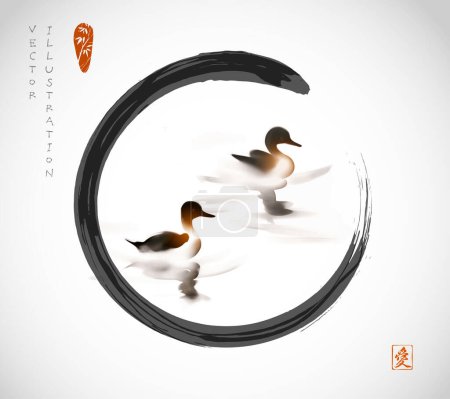 Tuschemalerei mit einem Entenpaar, das anmutig im schwarzen Enso-Zen-Kreis über ruhige Gewässer gleitet. Traditionelle orientalische Tuschemalerei sumi-e, u-sin, go-hua im einfachen minimalistischen Stil. Hieroglyphe - Liebe.