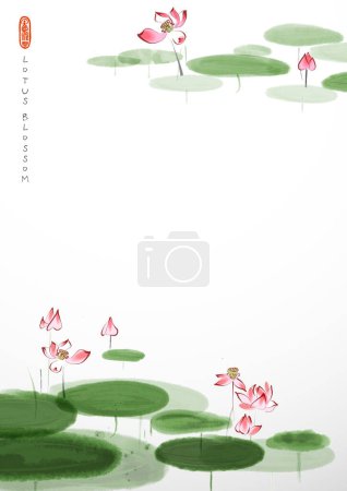 Illustration for Ink painting with lotus flowers on white background. Traditional oriental ink painting sumi-e, u-sin, go-hua in simple style with place for your text - Royalty Free Image