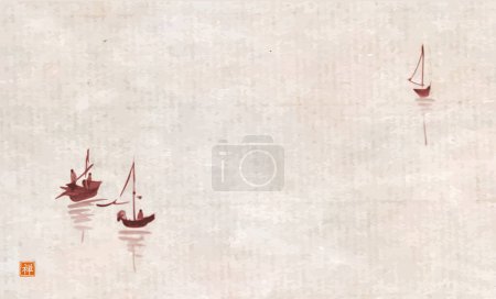 Illustration for Ink painting of fishing boats in minimalist style. Traditional oriental ink painting sumi-e, u-sin, go-hua on vintage background. Translation of hieroglyph - zen. - Royalty Free Image