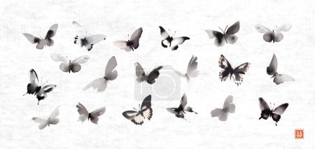 Illustration for Ink wash painting of butterflies in japanese sumi-e style on on rice paper background. Translation of hieroglyph - double luck. - Royalty Free Image