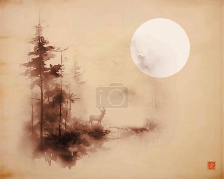 Illustration for Ink painting of a deer in a misty forest. Traditional Japanese ink wash painting sumi-e on on vintage background. Translation of hieroglyph - eternity - Royalty Free Image