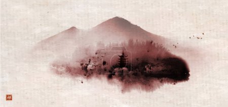 Illustration for Ink wash painting with misty forest mountains and pagoda temple on vintage background. Traditional oriental ink painting sumi-e, u-sin, go-hua. Translation of hieroglyph - zen. - Royalty Free Image