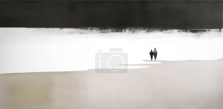 Illustration for Ink painting of two people standing of the sandy shore of the sea. Traditional Japanese ink wash painting sumi-e - Royalty Free Image