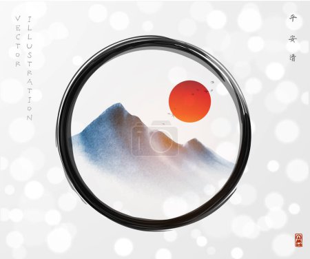 Illustration for Flock of birds over the mountains and red sun in black enso zen circle on white glowing background. Traditional oriental ink painting sumi-e, u-sin, go-hua. Hieroglyphs - peace, tranquility, clarity - Royalty Free Image