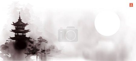 Illustration for Landscape featuring pagoda temple, the sun veiled in mist, all beautifully painted in the Sumi-e style.Translation of hieroglyph - beauty. - Royalty Free Image