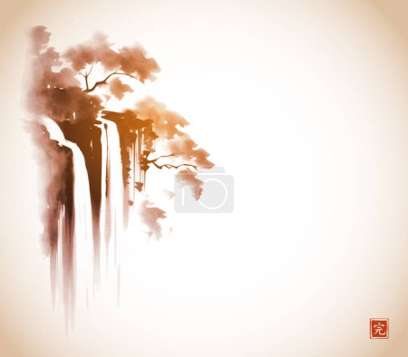 Illustration for Ink painting of forest waterfall. Traditional oriental ink painting sumi-e, u-sin, go-hua in vintage style. Translation of hieroglyph - perfection. - Royalty Free Image