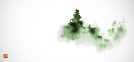 Illustration for Minimalist ink landscape with green trees, shrouded in dense fog on white background. Traditional oriental ink painting sumi-e, u-sin, go-hua. Hieroglyph - zen. - Royalty Free Image