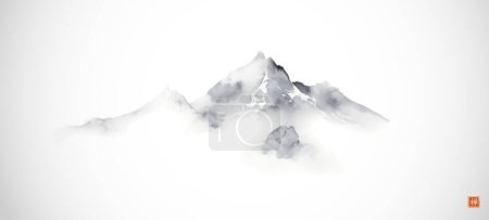 Illustration for Minimalist ink painting of misty mountain on white background. Traditional oriental ink painting sumi-e, u-sin, go-hua. Translation of hieroglyph - zen. - Royalty Free Image