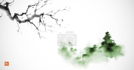 Illustration for Landscape with green pine trees on white background. Traditional oriental ink painting sumi-e, u-sin, go-hua. Translation of hieroglyph - zen. - Royalty Free Image