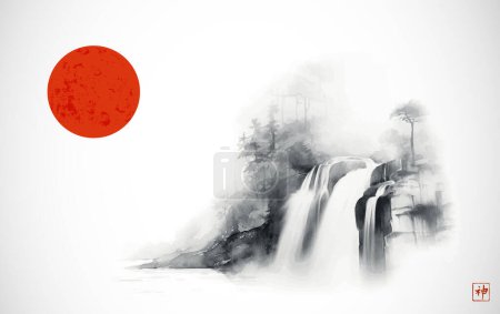 Nebelige Landschaft mit einem ruhigen Waldwasserfall und großer roter Sonne auf weißem Hintergrund. Traditionelle orientalische Tuschemalerei sumi-e, u-sin, go-hua. Übersetzung von Hieroglyphe - Geist.