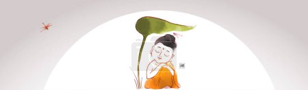 Illustration for Multiple Values Ink wash painting of Buddha in meditation under a big leaf with big sun on background. Traditional oriental ink painting sumi-e, u-sin, go-hua. Translation of hieroglyph - zen. - Royalty Free Image