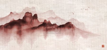 Ink wash painting of misty mountain ranges on vintage background. Traditional oriental ink painting sumi-e, u-sin, go-hua. Hieroglyph - clarity