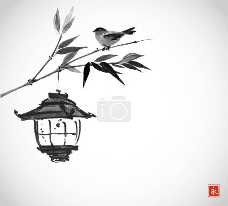 Illustration for Ink painting with old japanese lantern hanging on bamboo tree and accompanied with little bird. Traditional Japanese ink wash painting sumi-e. Translation of hieroglyph - eternity. - Royalty Free Image