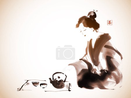 Illustration for Ink wash painting of woman in a kimono pouring tea, the scene of a traditional tea ceremony. Traditional oriental ink painting sumi-e, u-sin, go-hua in vintage style. Hieroglyph - tea. - Royalty Free Image