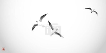 Illustration for Minimalistic ink painting, displaying a trio of seagulls in flight. Traditional oriental ink painting sumi-e, u-sin, go-hua. Hieroglyph - sea. - Royalty Free Image