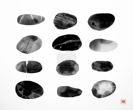 Ink painting of pebble stones on white background. Traditional oriental ink painting sumi-e, u-sin, go-hua. Translation of hieroglyph - zen.