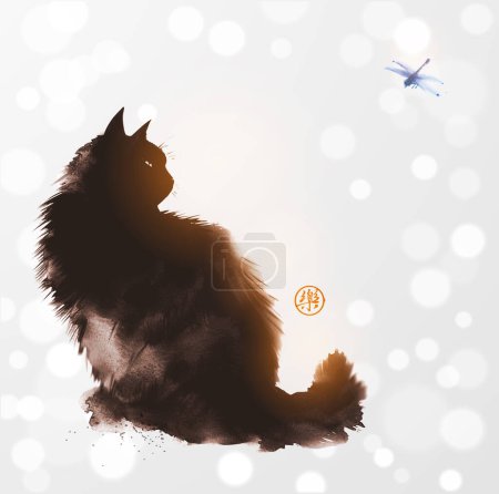Silhouette d'un chat noir moelleux regardant la libellule sur fond blanc chatoyant. Peinture à l'encre orientale traditionnelle sumi-e, u-sin, go-hua. Traduction du hiéroglyphe - joie.