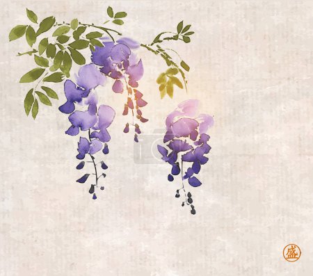 Ink painting of blooming wisteria. Traditional oriental ink painting sumi-e, u-sin, go-hua on vintage background. Translation of hieroglyph - bloom.