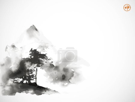 Misty mountain with trees on white background. Traditional Japanese ink wash painting sumi-e. Hieroglyph - spirit.