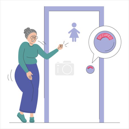 Femme âgée veut faire pipi et debout au vecteur de porte de toilette fermée isolé. WC occupés, caractère féminin a besoin d'uriner. Caractère drôle avec vessie pleine.