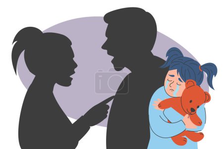 Illustration for Quarrel between parents, little child crying vector isolated. Illustration of a conflict in family, mother and father arguing, concept of divorce. Sad girl hugs teddy bear. - Royalty Free Image