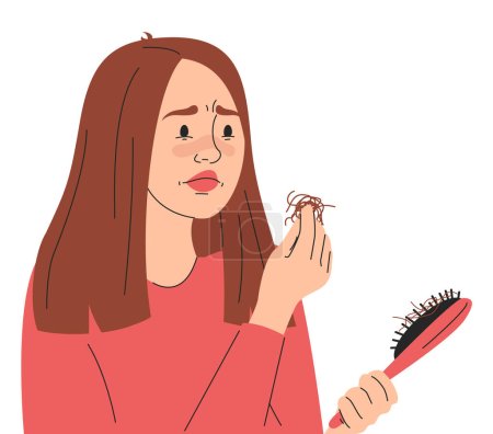 Illustration for Sad woman looking at hairbrush with strands of hair vector isolated. Hair loss, alopecia, baldness. Girl in stress, problem with health. - Royalty Free Image