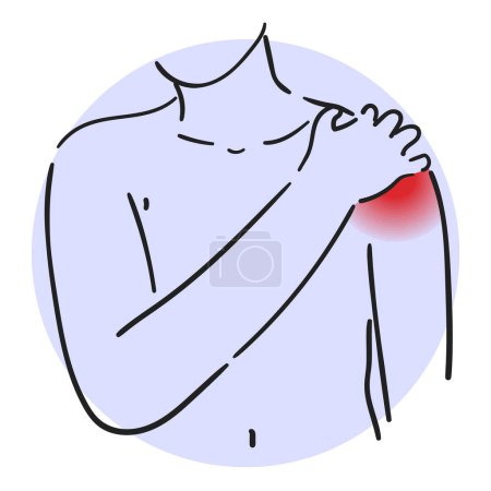 Illustration for Pain in the shoulder vector isolated. Person touching painful area, physical injury. Osteoporosis, rheumatism or arthritis. Joint disease - Royalty Free Image